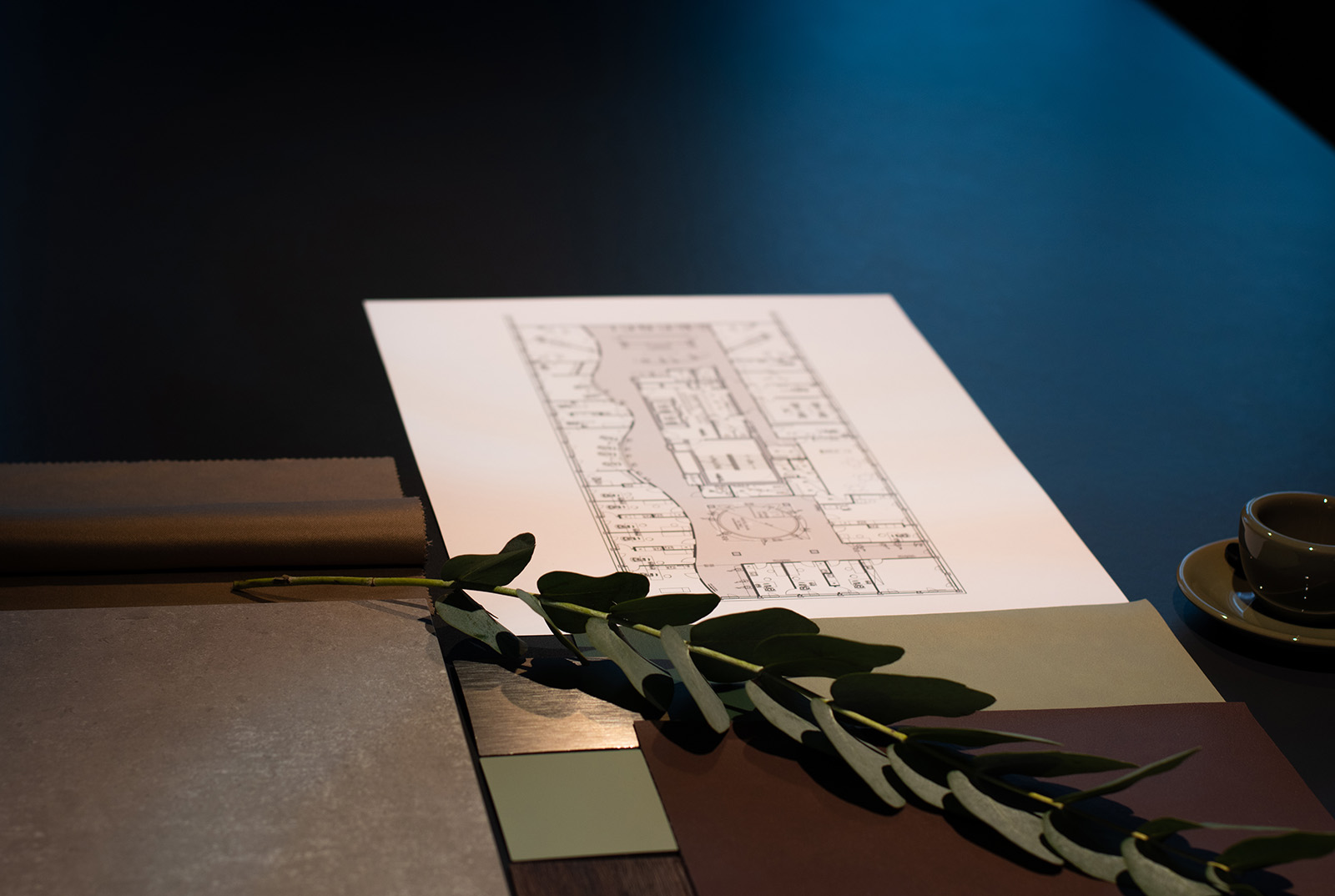 Ordinationsplanung und Planung von medical spaces, medizinischen Räumen in Wien und Umgebung, fineconnect zeigt Einblicke in Pläne und Moodboard, Farbwelten, Materialien sind schön auf Tisch aufgefächert